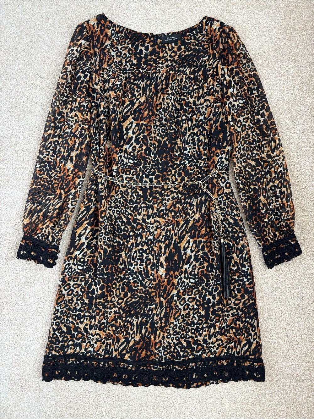 Tahari ASL Levine leopard print shift dress with lace trim and chain belt, sz 8